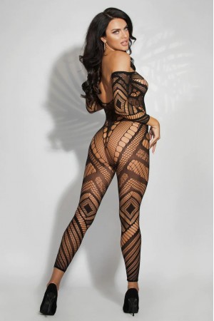 Delikli Desenli Tasarım Fileli Vücut Çorabı - Siyah