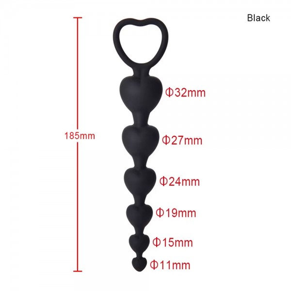 Backpart Kalp Şeklinde Boncuklu Silikon Pürüzsüz Yüzey 5 Boğumlu Anal Tıkaç (Plug) - Siyah