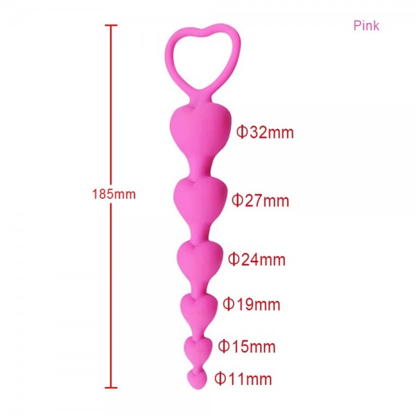 Backpart Kalp Şeklinde Boncuklu Silikon Pürüzsüz Yüzey 5 Boğumlu Anal Tıkaç (Plug) - Pembe